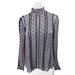 Cinq A Sept Multicolor 100% Silk Satin Floral Mesh Long Sleeve Blouse Top Size S